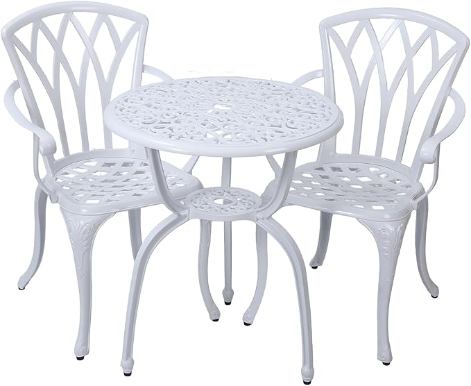 3-Piece Cast Aluminum Patio Bistro Set, Outdoor Rust-Resistant Furniture with 2 Chairs and Table (White)