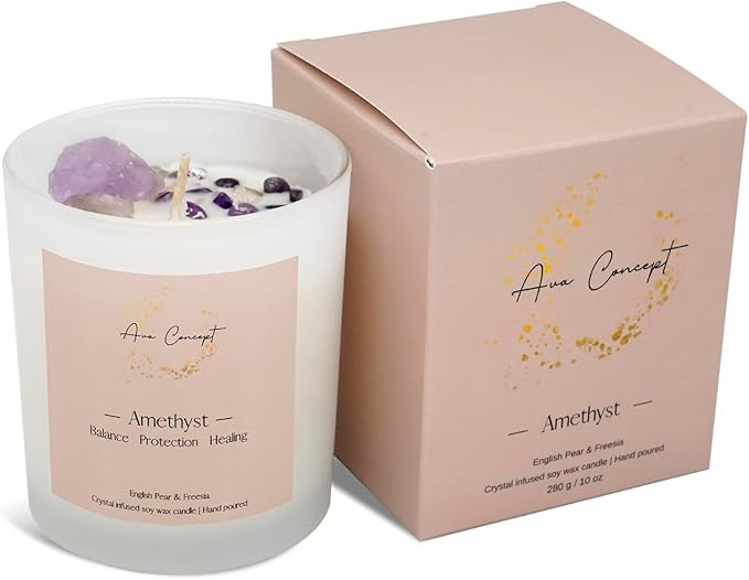 Healing Crystal Candle, Scented Candle Infused Amethyst and Clear Quartz Crystals, English Pear&Freesia Scented,Positivity Energy Wellness, Gift for Women Aromatherapy Clean Vegan 10Oz Jar