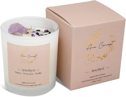 Healing Crystal Candle, Scented Candle Infused Amethyst and Clear Quartz Crystals, English Pear&Freesia Scented,Positivity Energy Wellness, Gift for Women Aromatherapy Clean Vegan 10Oz Jar