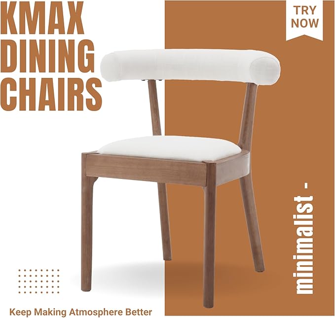 Kmax Dining Room Chairs Mid-Century Modern Fabric Kitchen Chairs with Natural Walnut Finished Frame, Linen Curved Back, Set of 2, White