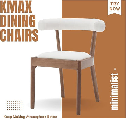 Kmax Dining Room Chairs Mid-Century Modern Fabric Kitchen Chairs with Natural Walnut Finished Frame, Linen Curved Back, Set of 2, White