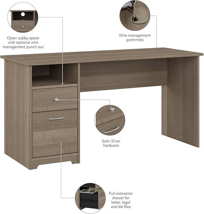 Bush Furniture Cabot 60W Computer Desk with Drawers in Ash Gray, Workstation and File Storage, Desktop with Organization Solutions for Home Office