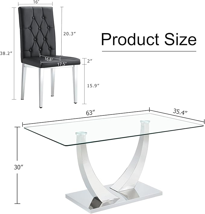 Modern Dining Table Set for 4,Dining Room Table Set for 4,Kitchen Table Set with 4 PU Leather Chairs,63'' Glass Dining Table Set with Silver U-Shaped Table Legs and Rectangular Base