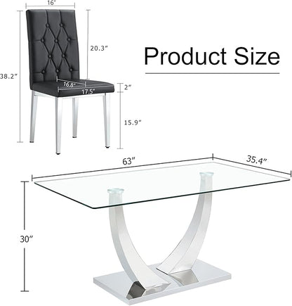 Modern Dining Table Set for 4,Dining Room Table Set for 4,Kitchen Table Set with 4 PU Leather Chairs,63'' Glass Dining Table Set with Silver U-Shaped Table Legs and Rectangular Base