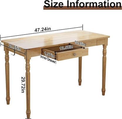 Solid Wood Desk with Drawers - 48 Inch Writing Desk with Drawers, Mid Century Modern Desk with 2 Hooks, Rubber Wood Study Table for Bedroom, Living Room & Office, Natural Boho Desks