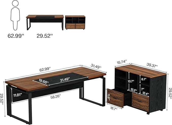 Tribesigns L-Shaped Executive Desk with Reversible File Cabinet, 63" Office Desk with Storage Drawers, L-Shaped Computer Desk with Drawer Cabinet for Hanging Letter Size Files (Brown+Black)