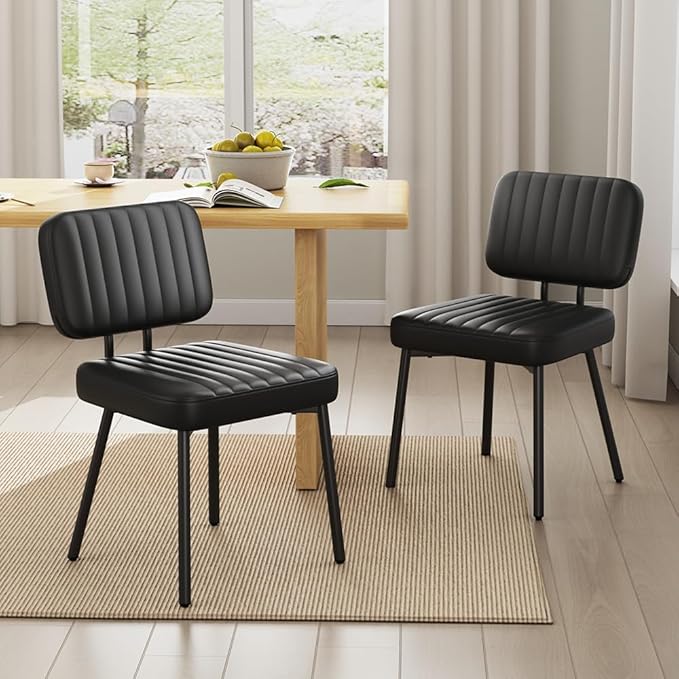 Dining Chairs, Upholstered Mid Century Modern Kitchen Dining Room Accent Chairs with Faux Leather Cushion Seat & Metal Legs for Kitchen, Living Room (Black, Set of 2)