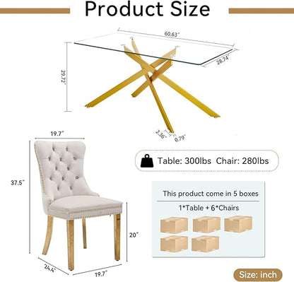 Goujxcy 7 Piece Glass Dining Table Set Modern Glass Dining Table Set for 6, 61" Rectangular Gold Kitchen Table and 6 Velvet Upholstered Chairs, Gold Table & Beige Chair