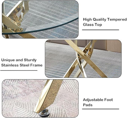 Goujxcy 3 Piece Round Glass Dining Table Set for 2, 36" Round Dining Table & Chair Set Modern Circle Glass Kitchen Table and 2 Velvet Upholstered Chairs for Kitchen Dining (Gold Table & Green Chair)