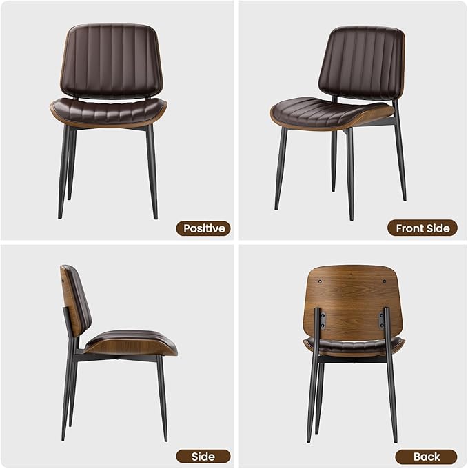 Dining Chairs Set of 6, Mid Century Modern Dining Room Kitchen Chairs, Upholstered PU Leather Vertical Stripe Chairs for Vanity with Walnut Bentwood and Metal Legs, Brown