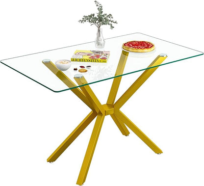 47'' Modern Glass Dining Table for 2-4 People, Rectangular Dining Room Table with Gold Metal Legs, Clear Tempered Glass Top Dining Table for 4, Gold Dining Kitchen Table for 4