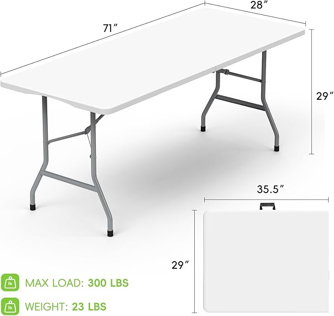 Folding Table 6ft, Foldable Portable Heavy Duty Plastic Fold-in-Half Utility Table with Handle & Safety Locks, Picnic Table Indoor Outdoor for Camping, Picnic and Party