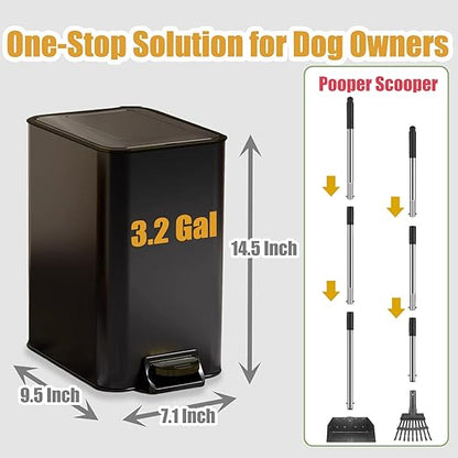 Metal Dog Pooper Scooper for Yard - 3.2Gal Dog Poop Trash Can Outside with Pedal - Pet Waste Container Outdoor - Stainless Steel Garbage Bucket with Lid - Black Trash Bin, Long Handle Tray and Rake