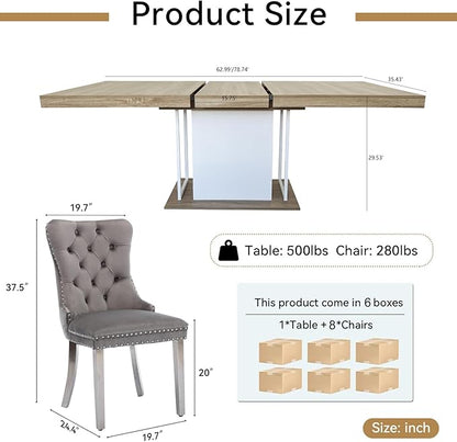 Goujxcy 78.7" Farmhouse Extendable Dining Room Table Set for 8, 9-Piece Rectangle Kitchen Dining Room Table Set with Wood Base and 8 Grey Velvet Dining Chairs, Extending Kitchen & Dining Table Set
