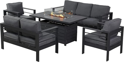 Wisteria Lane 7 Seats Aluminum Outdoor Patio Furniture Set with 54 Inch Propane Gas Fire Pit Table, Modern Patio Conversation Sets with Outdoor Sectional Couch for Backyard, Garden, Dark Grey