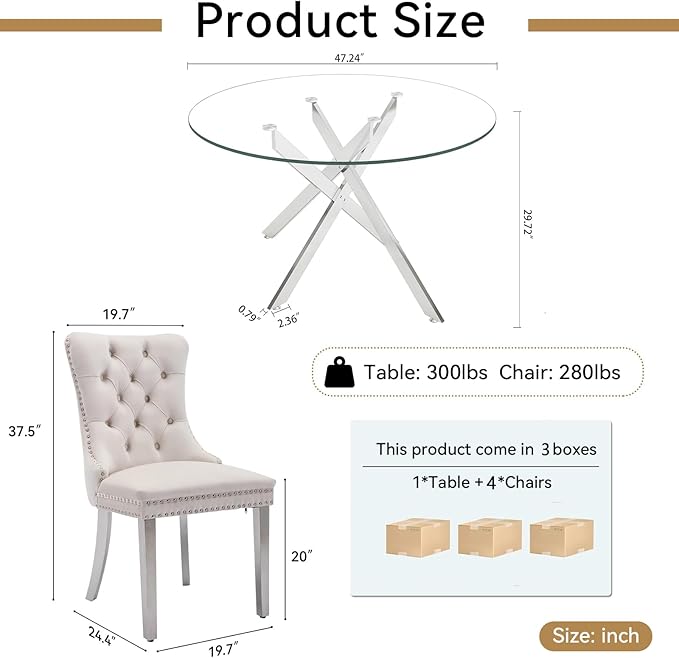 Goujxcy Round Dining Table Set for 4, Modern Glass Kitchen Table and Chairs Set of 4, 5-Piece Dining Room Table Set w/47 Circle Silver Glass Dining Table and 4 Upholstered Velvet Chairs