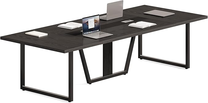 LITTLE TREE 8FT Conference Table for 10 People, Large Meeting Table, Modern Wooden Conference Room Table with Cable Management, Business Training Table with Strong Metal Legs for Office, Black