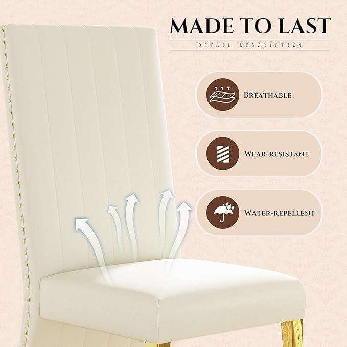 White and Gold Dining Chairs, White Faux Leather Upholstered Dining Chair Set of 4, Glam Nailhead Trim Dining Chairs with Gold Legs