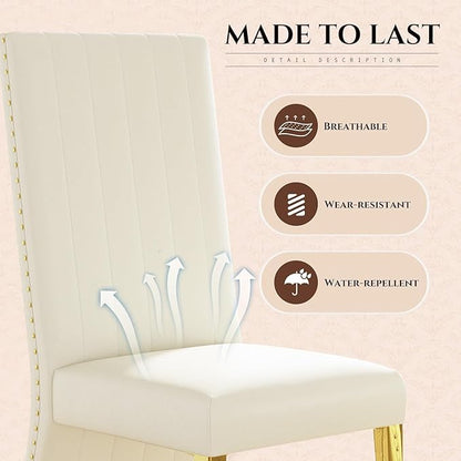 White and Gold Dining Chairs, White Faux Leather Upholstered Dining Chair Set of 4, Glam Nailhead Trim Dining Chairs with Gold Legs