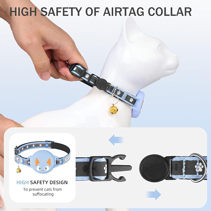 Airtag Cat Collar Breakaway, Reflective Kitten Collar with Apple Air Tag Holder and Bell for Girl Boy Cats, Lightweight Cat Collars for Apple AirTag, Hidden GPS Tracker Holder for Cats, Blue (9-13")