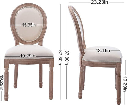 Nrizc French Country Dining Chairs Set of 4, Farmhouse Fabric Chairs with Round Back, Solid Wood Legs, Oval Side Chairs for Kitchen/Bedroom/Dining Room