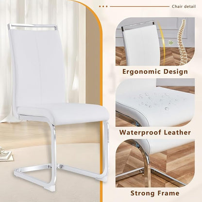 63'' Glass Dining Table Set for 4, Kitchen Table Chairs Set of 4, Clear Glass Dining Table with White unique design Leg and Silver Metal Base, 4 PU Dining Chairs with Metal Legs, Living Room, Kitchen.