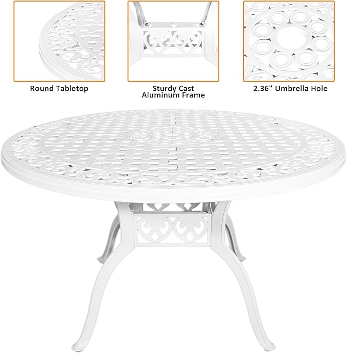 48" Round Patio Table for 6-8 Person Cast Aluminum Bistro Table with 2.36" Umbrella Hole,Metal Outdoor Dining Tables,Wrought Iron Patio Bistro Table,White Patio Table.