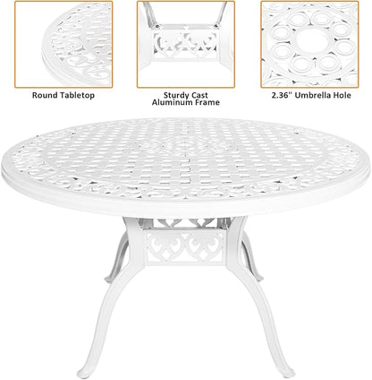 48" Round Patio Table for 6-8 Person Cast Aluminum Bistro Table with 2.36" Umbrella Hole,Metal Outdoor Dining Tables,Wrought Iron Patio Bistro Table,White Patio Table.