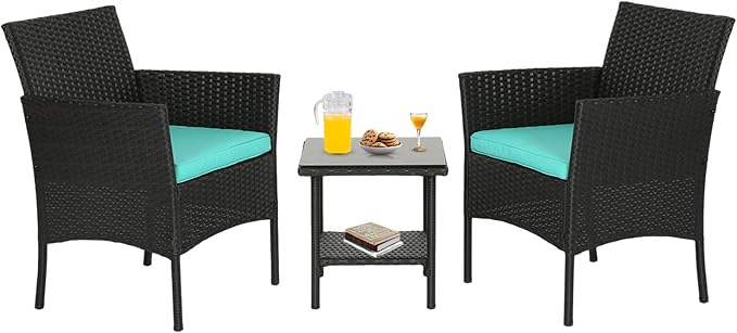 FDW 3 Piece Outdoor Furniture Set Patio Wicker Chairs Furniture Bistro Conversation Set 2 Rattan Chairs with Blue Cushions and Glass Coffee Table for Porch Lawn Garden Balcony Backyard
