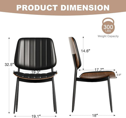 Modern Green Leather Dining Chair Set of 2, Bentwood Backrest & Black Metal Frame Ergonomic Comfort, Sustainable Style, Multi-Space Versatile, Black