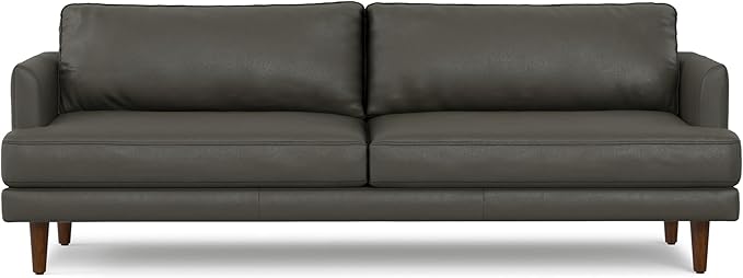 SIMPLIHOME Livingston 90-inch Wide Sofa in Coal Top Grain Genuine Leather, Handcrafted Mid-Century Modern Couch for Living Room, Large 3-Seater with Feather-Wrapped Cushions and Solid Wood Frame