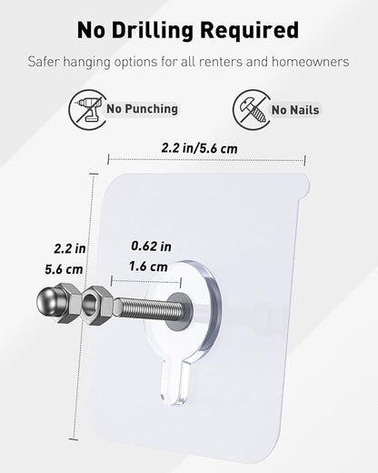 Uniclife 20 Pcs Self Adhesive Picture Hooks, 26.5 lbs Load Heavy Duty Picture Hangers Without Nails, 16 mm Adhesive Wall Hooks for Hanging, Transparent Waterproof Sticky Hook for Bathroom Kitchen