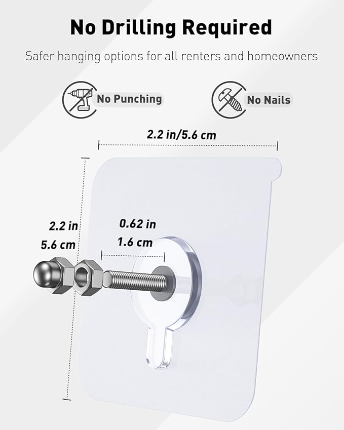 Uniclife 10 Pcs Self Adhesive Picture Hooks, 26.5 lbs Load Heavy Duty Picture Hangers Without Nails, 16 mm Adhesive Wall Hooks for Hanging, Transparent Waterproof Sticky Hooks for Bathroom Kitchen