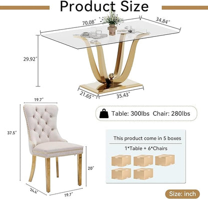 70" Modern Gold Glass Dining Table Set for 6, 7-Piece Rectangle Kitchen Dining Room Table Set with Steel Base & 6 Beige Velvet Upholstered Chairs, Modern Glass Kitchen Table and Chairs Set of 6