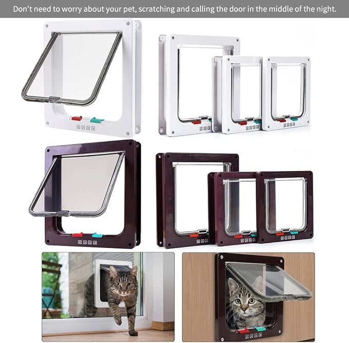 Medium Cat Door Interior Door Pet Door for Cat Exterior Door 4 Modes Locking Suitable for Window and Wall (White)