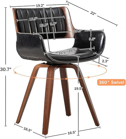 LUNLING Swivel Accent Faux Leather Dining Chairs Set of 2, Mid Century Modern Chairs with Wooden Legs/Armrest/Upholstered Seat/Adjustable Foots for Kitchen Dining Room Desk Chairs,Black…