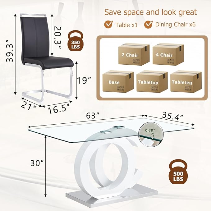63'' Glass Dining Table Set for 6, Kitchen Table Chairs Set of 6, Clear Glass Dining Table with White unique design Leg and Silver Metal Base, 6 PU Dining Chairs with Metal Legs, Living Room, Kitchen.