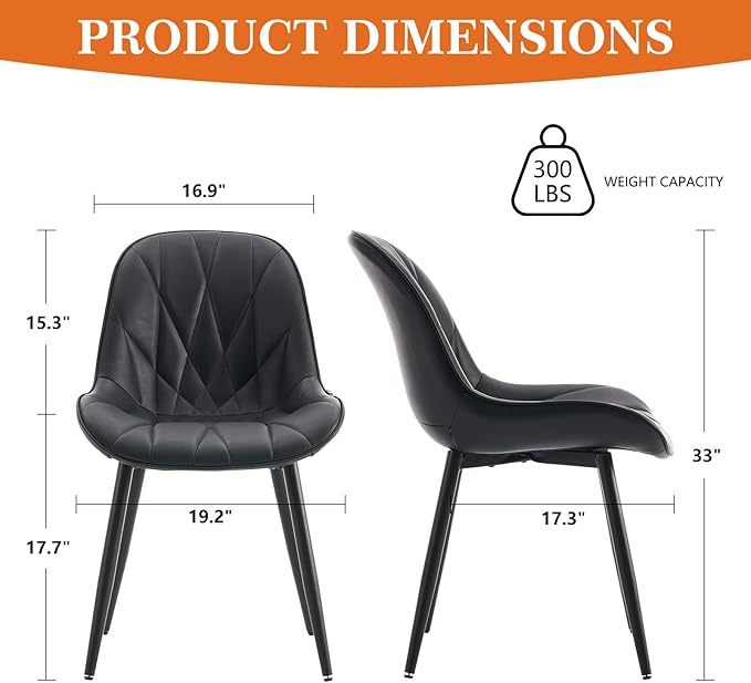 Rowill Black Dining Chairs Set of 2 - Upholstered Faux Leather Kitchen Chairs with Soft Cushion Backrest, Sturdy Metal Legs & Non-Slip Pads, Perfect Modern Design for Home Dining Room, Kitchen