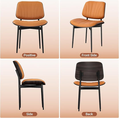 Dining Chairs Set of 6, Mid Century Modern Dining Room and Kitchen Chairs, Upholstered PU Leather Chairs with Walnut Bentwood and Metal Legs, Orange