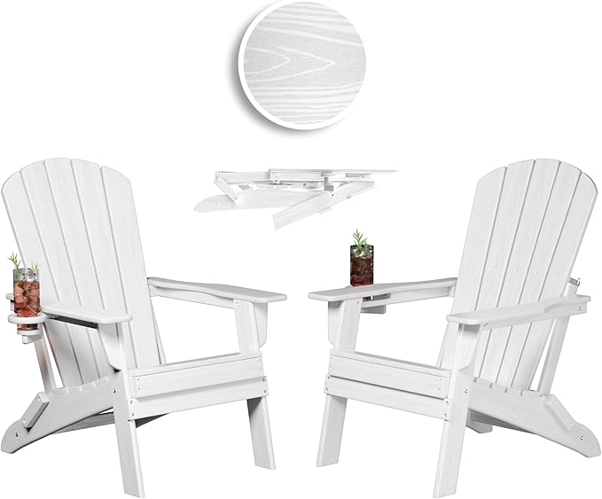 Plawdlik Folding Adirondack Chair, SGS Tested, Wooden Textured with Cup Holder, Heavy All-Weather HDPE Comfortable Set Poolside Backyard Lawn White Set 2