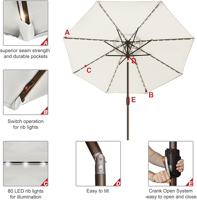 EliteShade USA 10-Year-Non-Fading Solar 9ft Market Umbrella with 80 LED Lights Patio Umbrellas Outdoor Table Umbrella with Ventilation, Natural