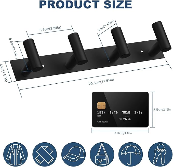 VAEHOLD 2PACK Hat and Coat Wall Mount Rack - 4 Hooks for Robes, Bags, Keys, and Towels - Bathroom Towel Hanger Organizer -Black