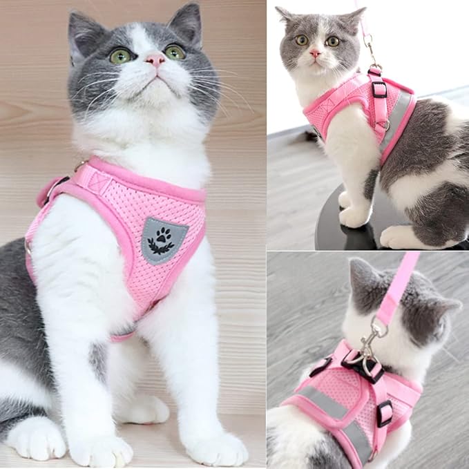 FEimaX Dog Harness and Leash Set for Walking, Soft Mesh Adjustable Easy Control Lightweight Cat Vest Harnesses with Reflective Strips, Escape Proof Small Dogs Cats Vests (Pink, X-Large)