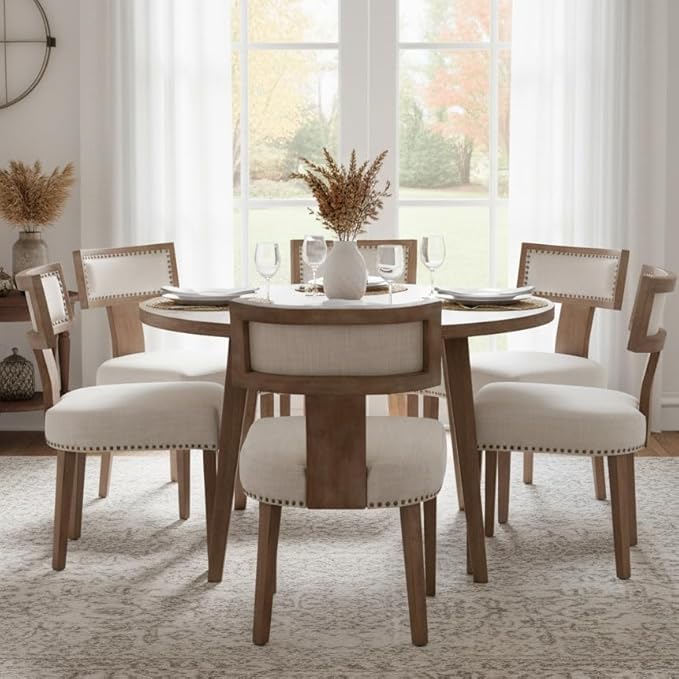 Mid Century Modern Dining Chairs Set of 6 Linen Fabric Upholstered Kitchen Side Chairs with Nailhead Trim, Modern Kitchen Armless Solid Wood Dining Chairs, Beige