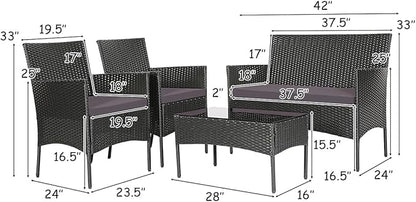 Tangkula 4 Pieces Patio Furniture Set, Outdoor Wicker Conversation Set with Tempered Glass Tabletop, Rattan Sofa and Chairs Set with Off White & Grey Cushion Covers