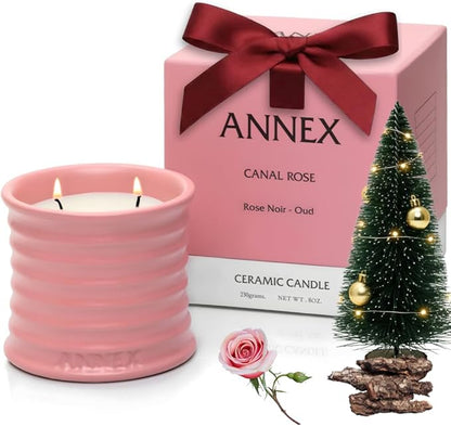 Scented Luxury Candles in Handmade Ceramic Jars, Soy Wax | Canal Rose – Rose Bud & Oud Scented, Large Candle | Non Toxic, 2 Wicks, Reusable Big Pink Jar | Natural Spring Aromatherapy for Women & Men
