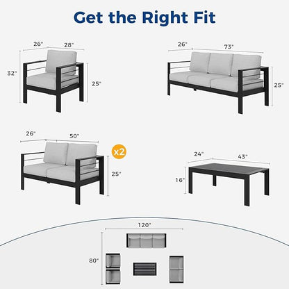 Wisteria Lane Aluminum Patio Furniture Set, 7 Seats Outdoor Conversation Set, Sectional Metal Sofa with 5 Inch Cushion and Coffee Table for Balcony, Backyard, Garden, Black Frame and Grey Cushion