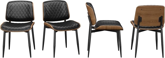 Dining Chairs Set of 4, Mid-Century Modern Upholstered PU Leather Chairs with Walnut Back and Metal Legs Adjustable Feet for Kitchen Dining Room, Black Diamond Plaid