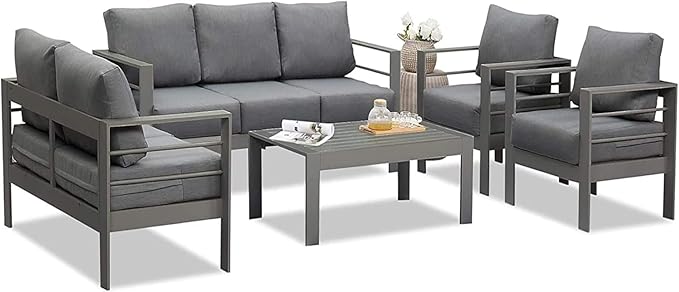 Wisteria Lane Aluminum Outdoor Patio Furniture Set,7 Seats Modern Patio Conversation Sets, Outdoor Sectional Metal Sofa with 5 Inch Cushion and Coffee Table for Balcony, Garden, Dark Grey