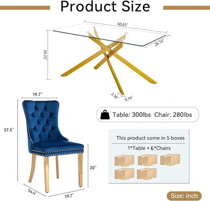 Goujxcy Glass Dining Table Set for 6, Modern Kitchen Table and Chairs Set of 6, 7-Piece Kitchen Dining Room Table Set w/61 Glass Gold Dining Table and 6 Blue Velvet Upholstered Chairs